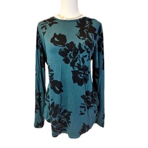 Apt. 9 Teal and Black Floral Long Sleeve Top